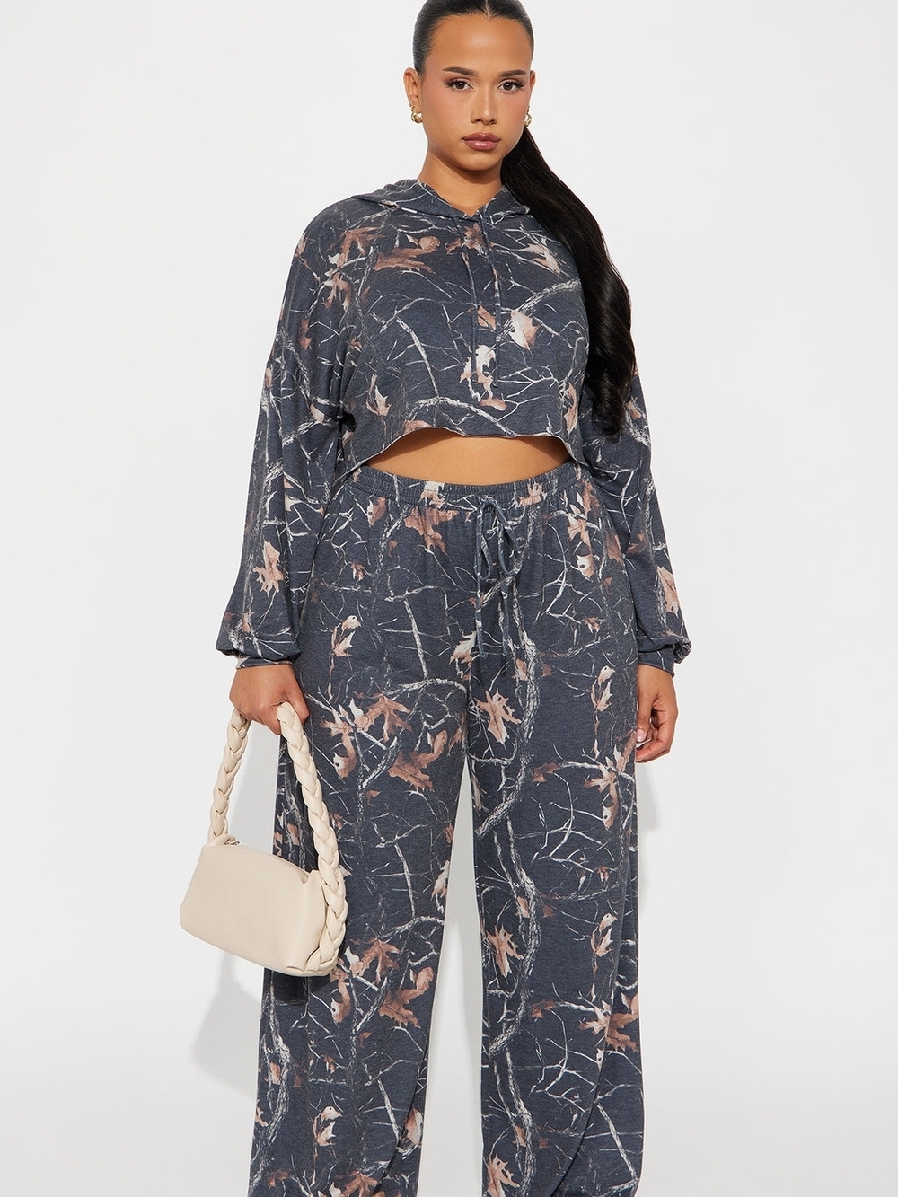 Fashion Nova Charcoal Floral Cropped Hoodie & Wide-Leg Set
